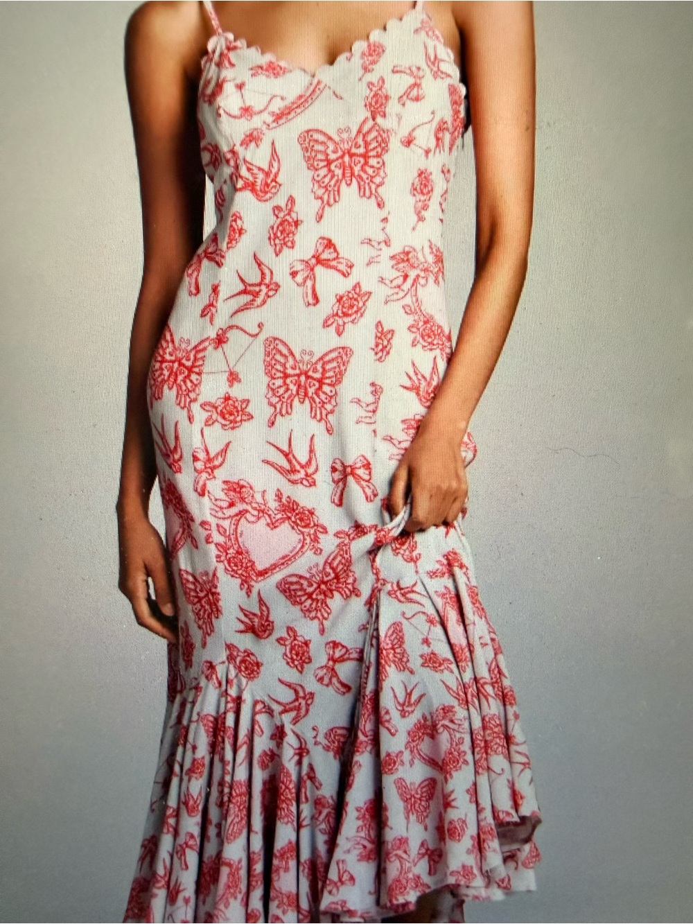 Anthropologie Cream Slip Maxi Dress with Red Butterfly Print